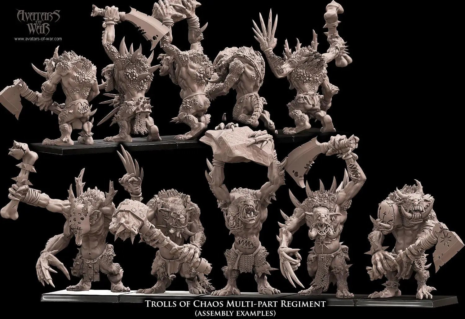 Set of five 3D printed Chaos Troll miniatures by Avatars of War, detailed with horns and muscular features, from Last Hope Miniatures.