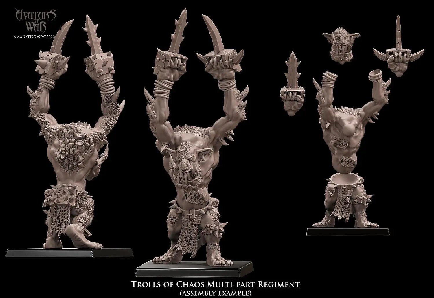 Set of five 3D printed Chaos Troll miniatures by Last Hope Miniatures for tabletop gaming, displayed with detailed textures.