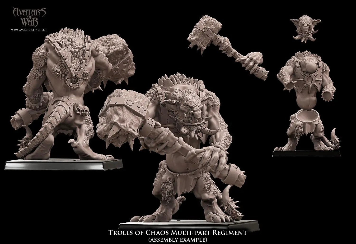 Set of five 3D printed Chaos Troll miniatures by Avatars of War, crafted by Last Hope Miniatures, featuring detailed fantasy troll figures.