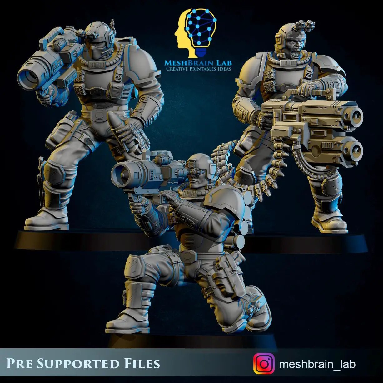 3D printed Imperial Marine Scout Specialist miniature by Last Hope Miniatures from Meshbrain Labs, detailed model on a black background.