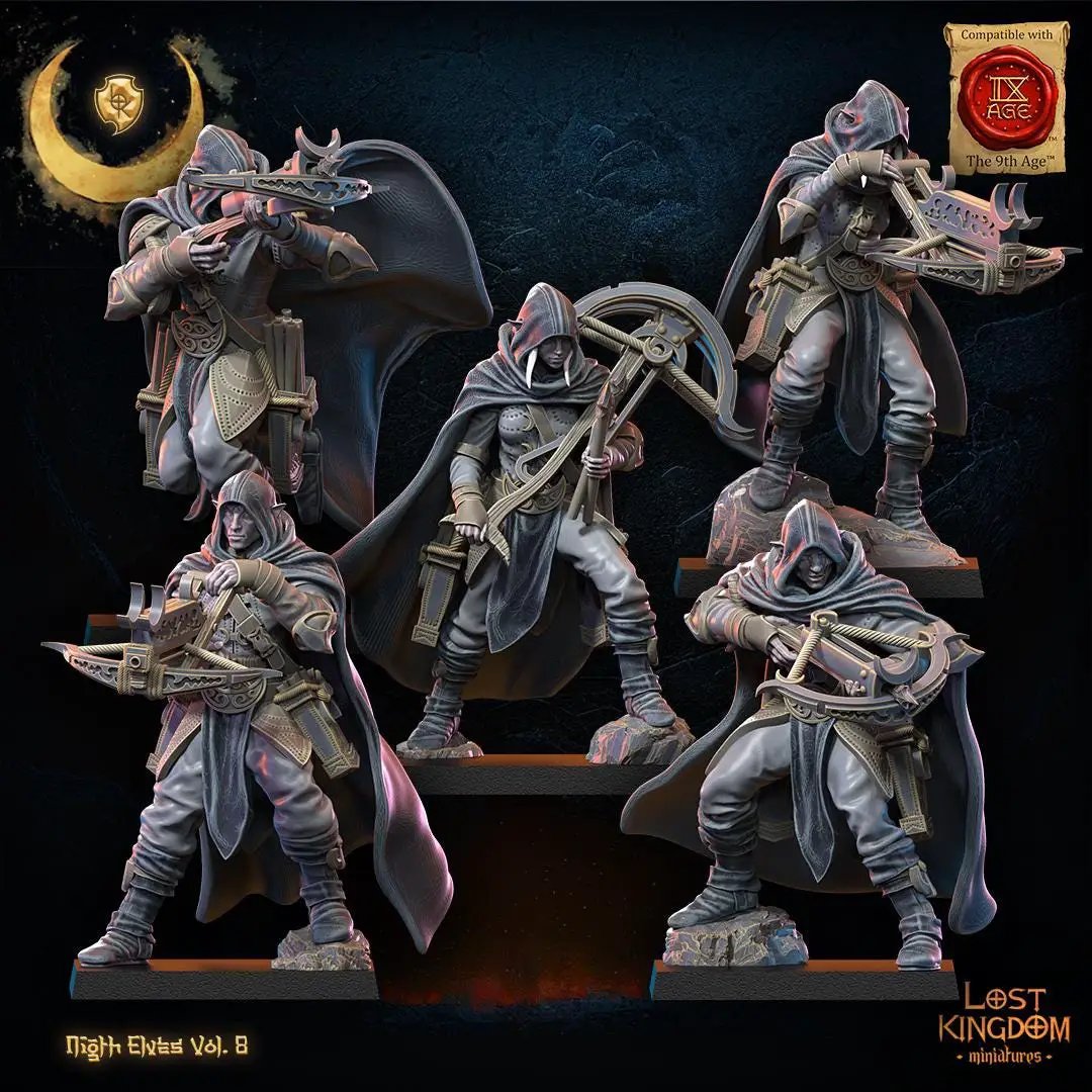 Ten 3D-printed Night Elf Arbalest Regiment miniatures by Lost Kingdom Miniatures, detailed elf archers with crossbows in combat stance.