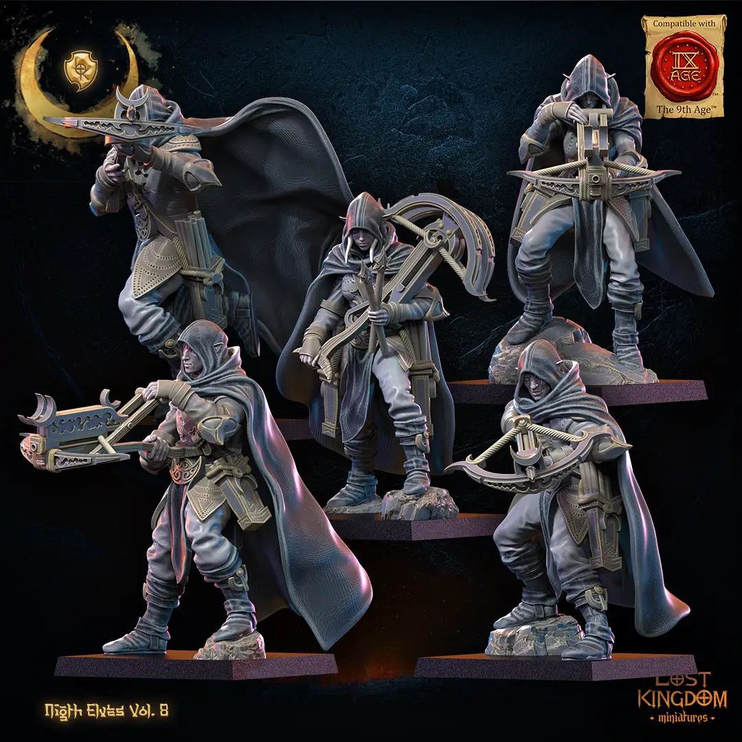 Ten 3D printed Night Elf Arbalest Regiment miniatures by Lost Kingdom Miniatures, showing detailed elf soldiers with crossbows.