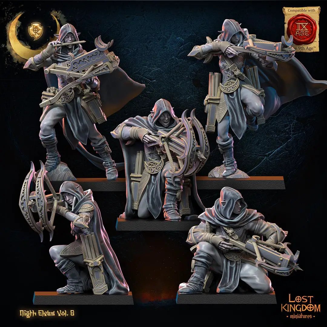 3D printed Night Elf Arbalest Regiment miniature by Lost Kingdom Miniatures, featuring detailed elf soldiers with crossbows.
