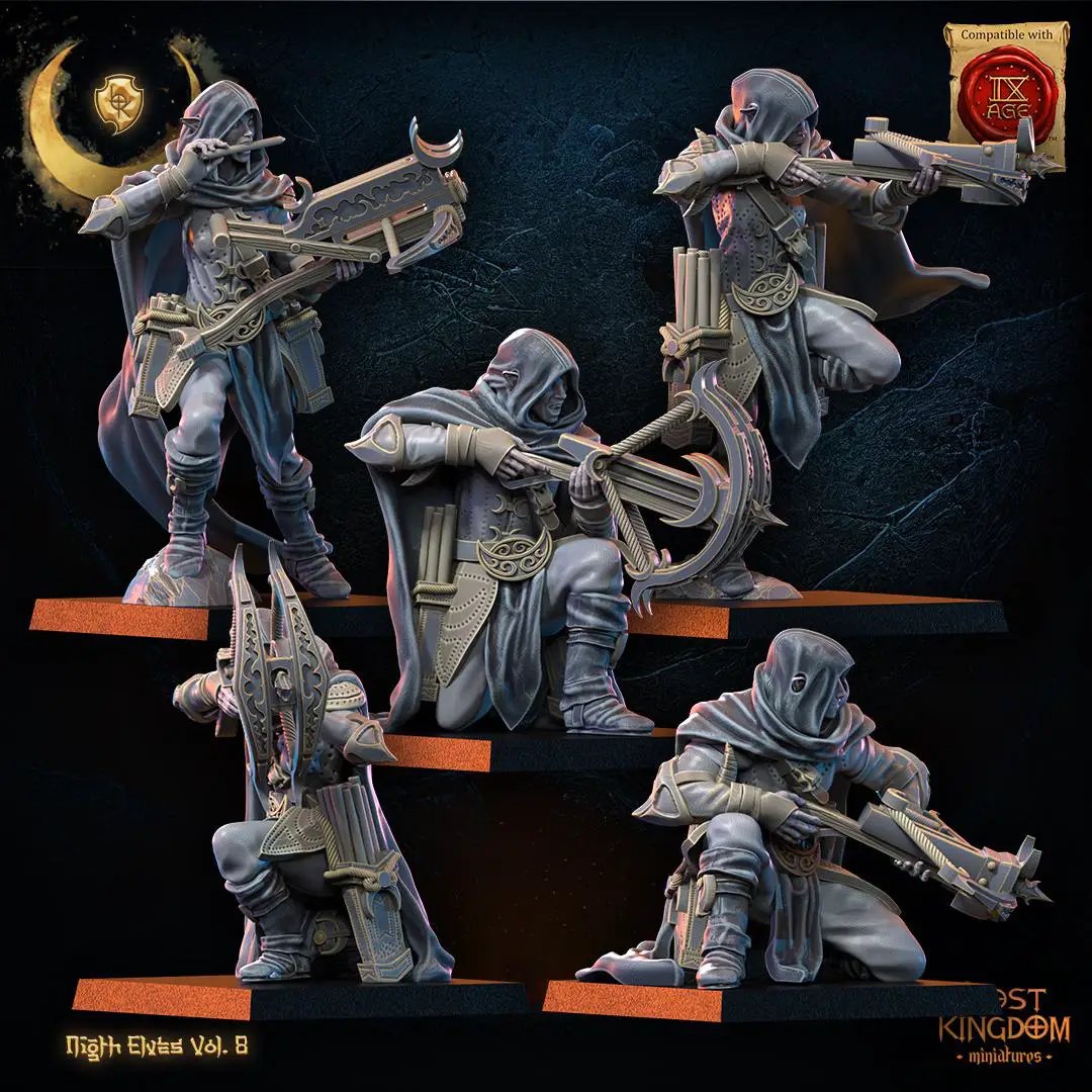 3D printed Night Elf Arbalest Regiment miniature by Lost Kingdom Miniatures, showing detailed elven archers in combat-ready poses.
