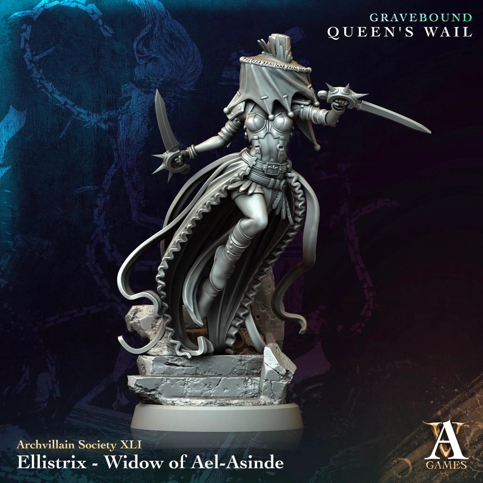 3D printed Widow of Ael-Asinde miniatures from Archvillain Games by Last Hope Miniatures, featuring detailed sculpting and intricate design.