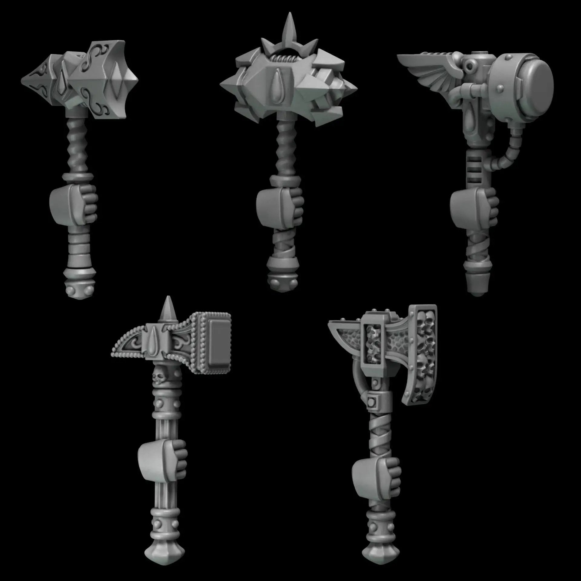 Set of 10 3D printed Crimson Lords Hammers by Last Hope Miniatures, detailed miniature weapon pieces from Greytide Studio.
