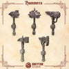 Pack of 10 3D printed Crimson Lords Hammers by Last Hope Miniatures for tabletop gaming, detailed miniature weapon models.