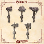 Pack of 10 3D printed Crimson Lords Hammers by Last Hope Miniatures for tabletop gaming, detailed miniature weapon models.