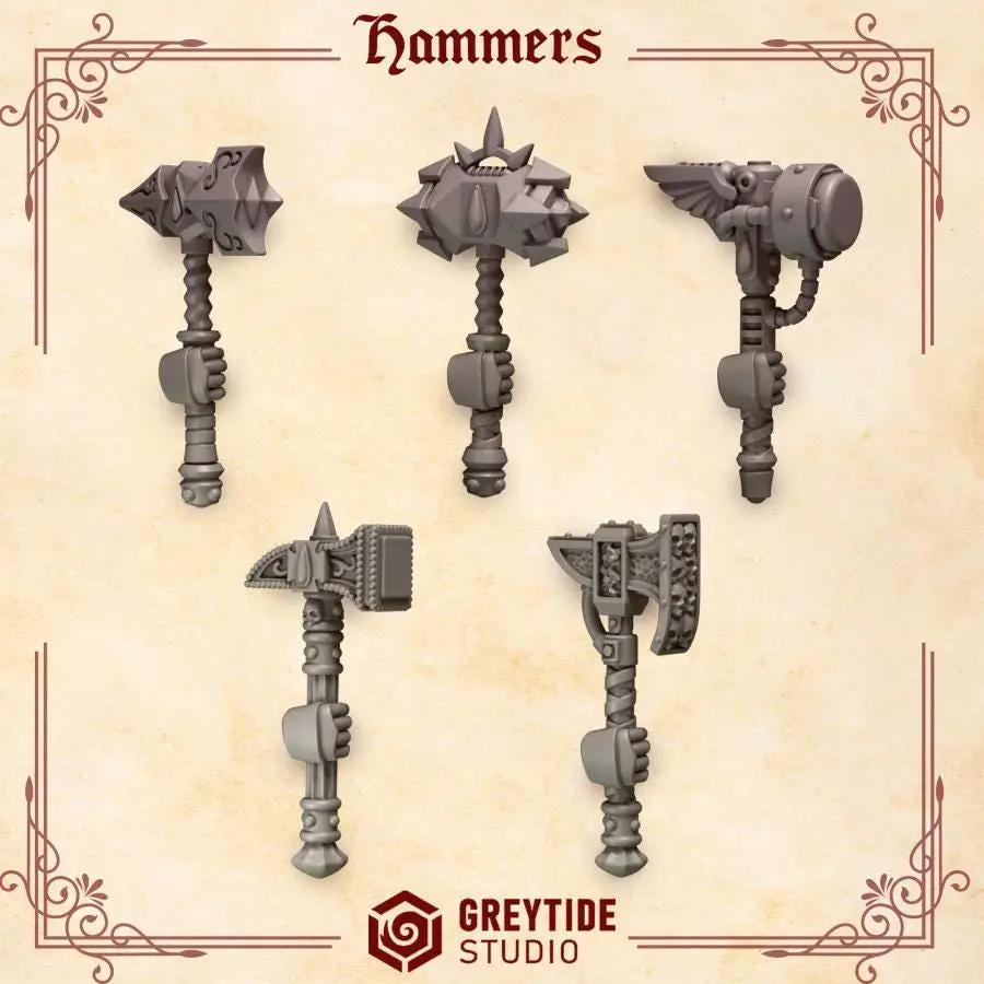 Pack of 10 3D printed Crimson Lords Hammers by Last Hope Miniatures for tabletop gaming, detailed miniature weapon models.