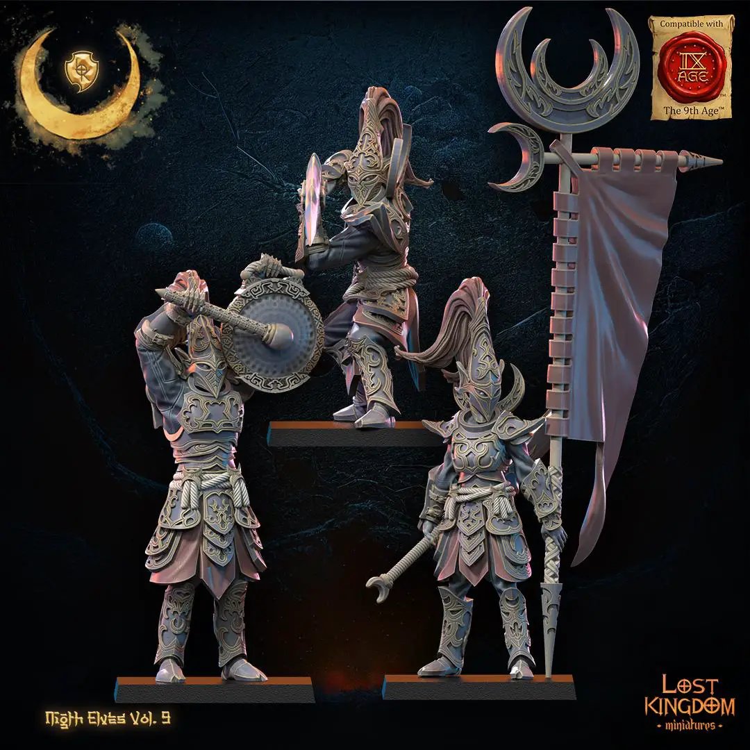 3D printed Night Elf Command Group by Lost Kingdom Miniatures, detailed fantasy elf figures for tabletop gaming.