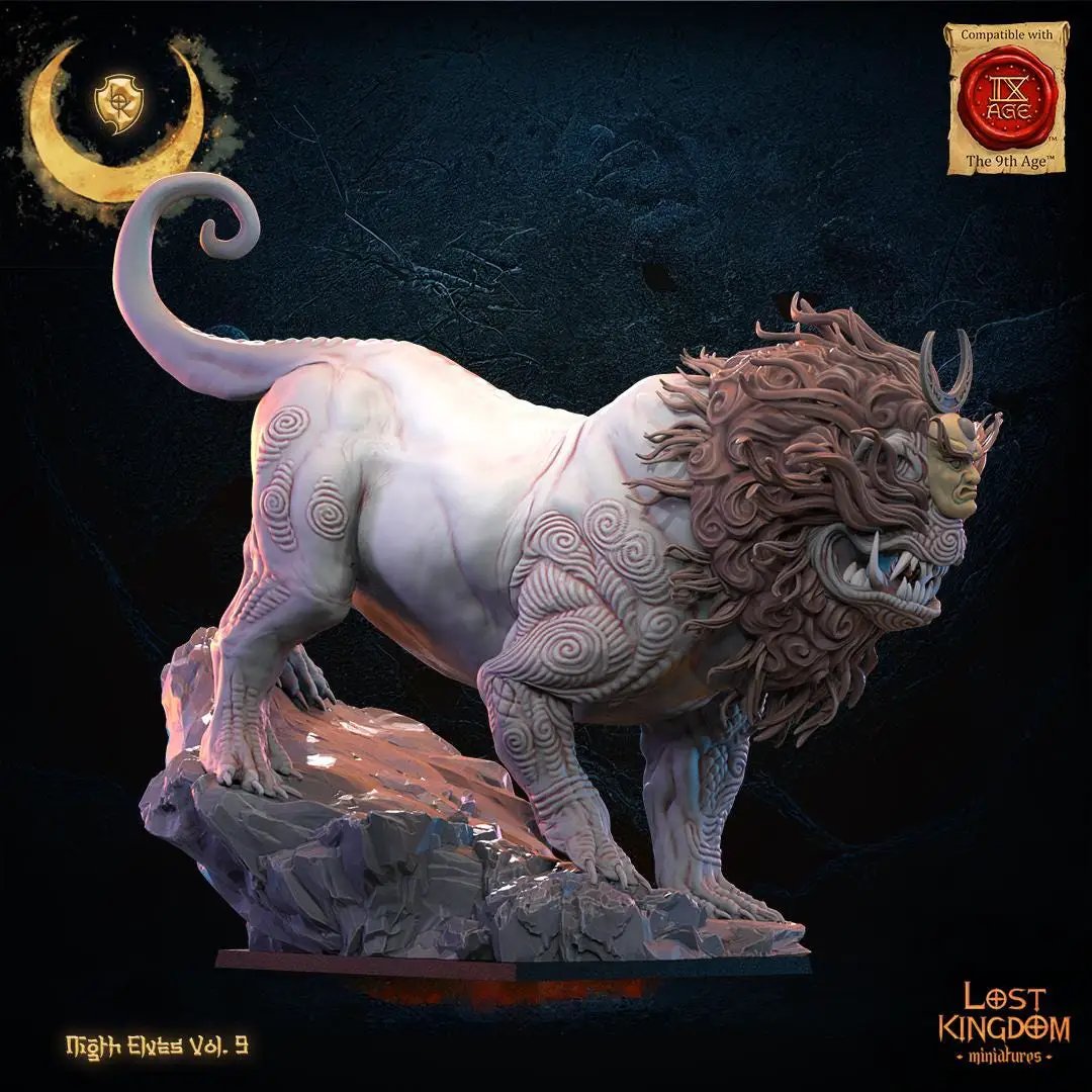 3D printed Night Elf Lion Beast miniature by Last Hope Miniatures, featuring intricate details and a fierce lion-like appearance.