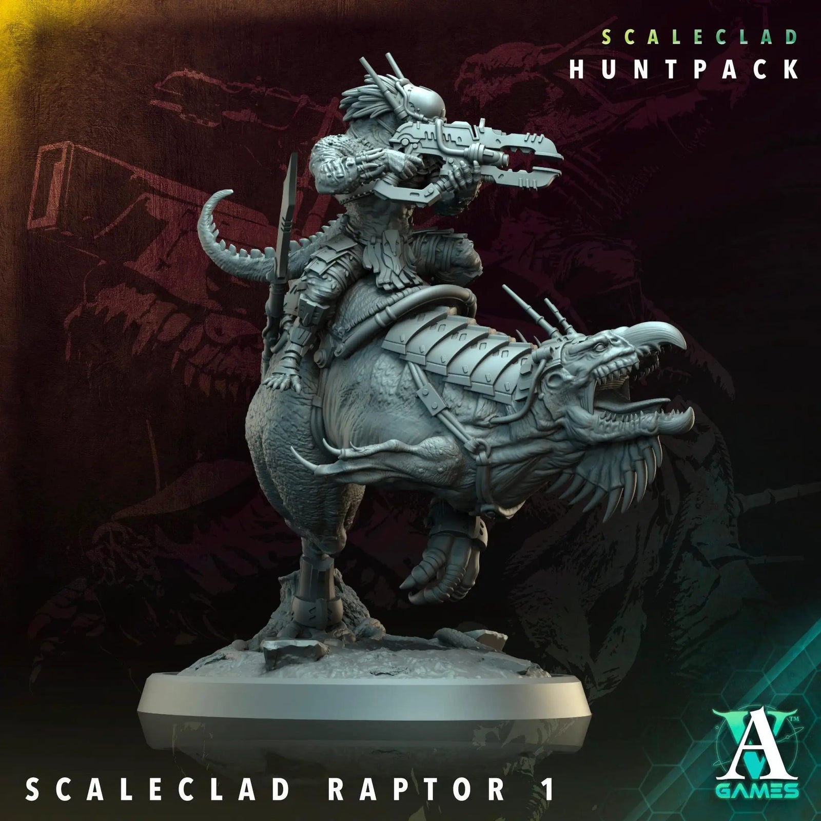 3D printed Scaleclad Raptors miniature by Last Hope Miniatures for Archvillain Games, detailed dinosaur model with textured scales.