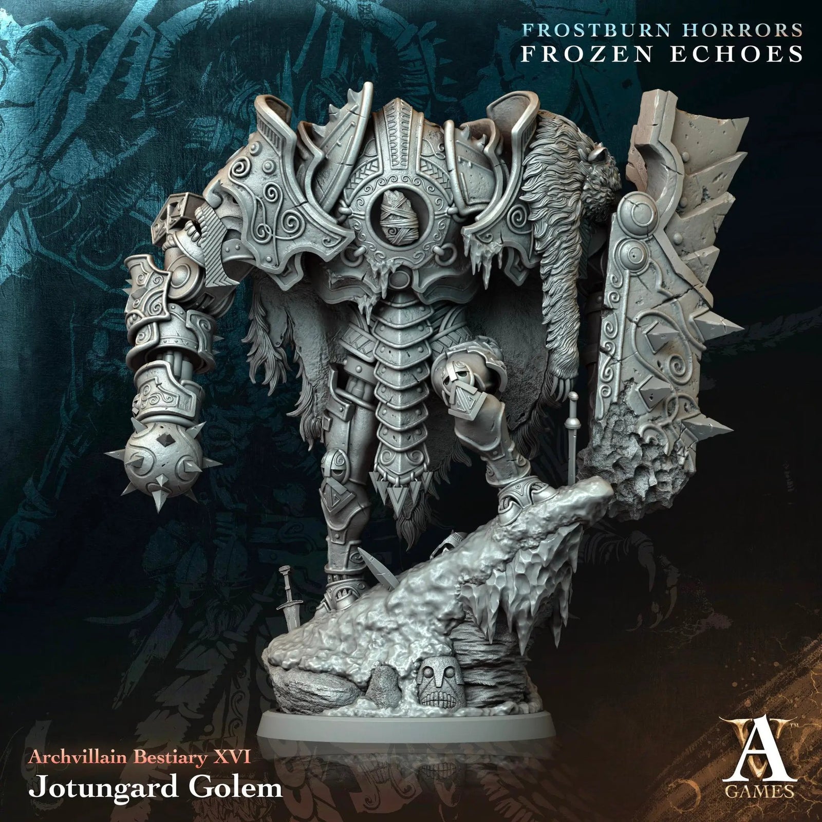 3D printed Jotungard Golem miniatures by Last Hope Miniatures for Archvillain Games, featuring detailed stone-like golem design.