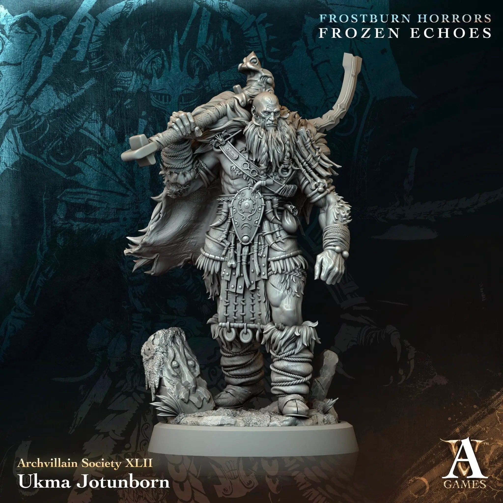 3D printed Ukma Jotunborn miniature by Last Hope Miniatures for Archvillain Games, detailed sculpt with intricate armor and weaponry.