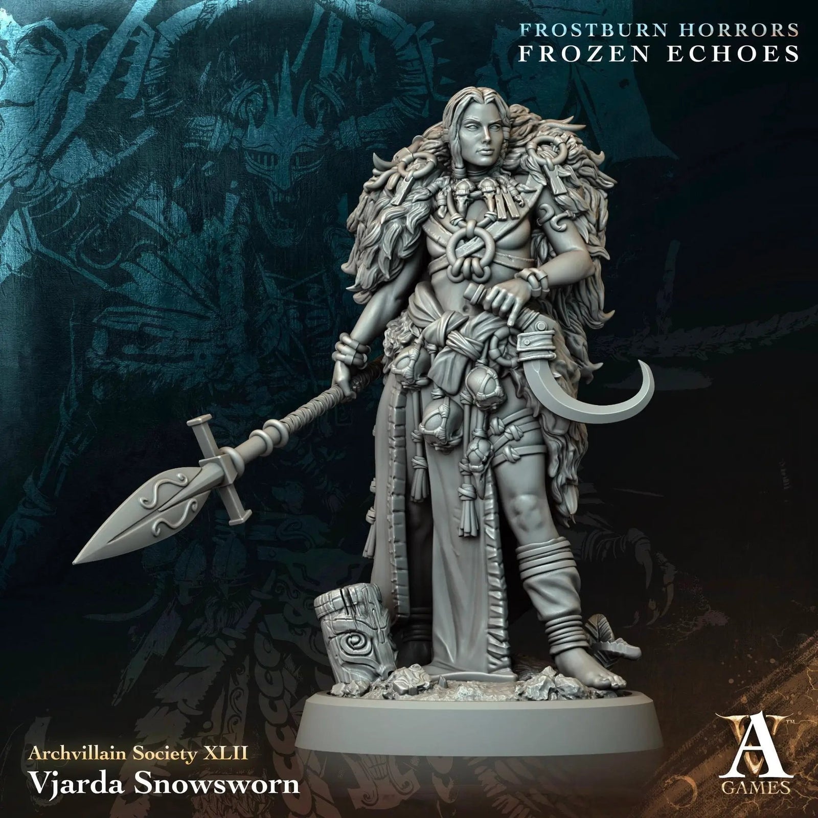 3D printed Vjarda Snowsworn miniature from Last Hope Miniatures for Archvillain Games, showing detailed snow-themed armor and weapon.