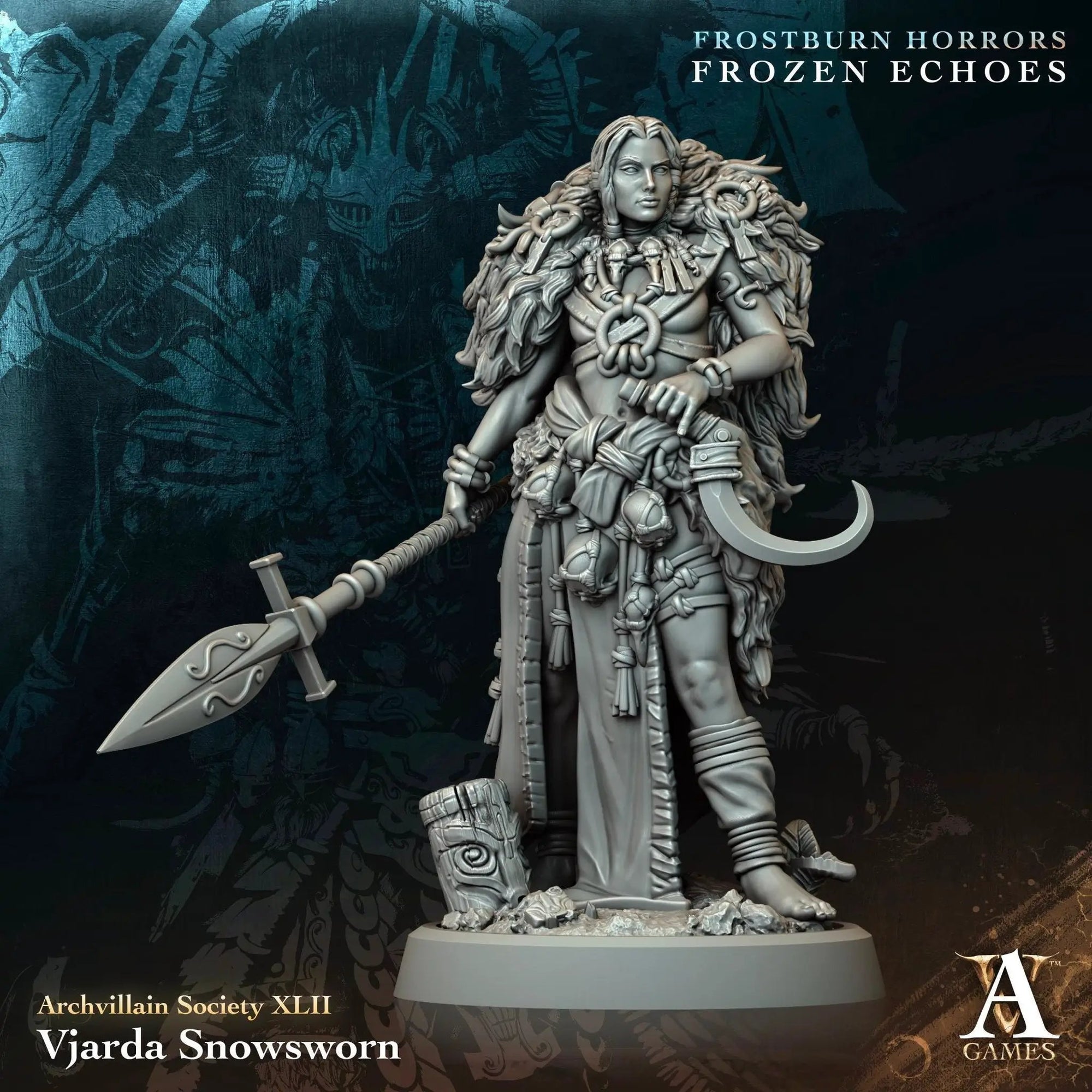 3D printed Vjarda Snowsworn miniature from Last Hope Miniatures for Archvillain Games, showing detailed snow-themed armor and weapon.