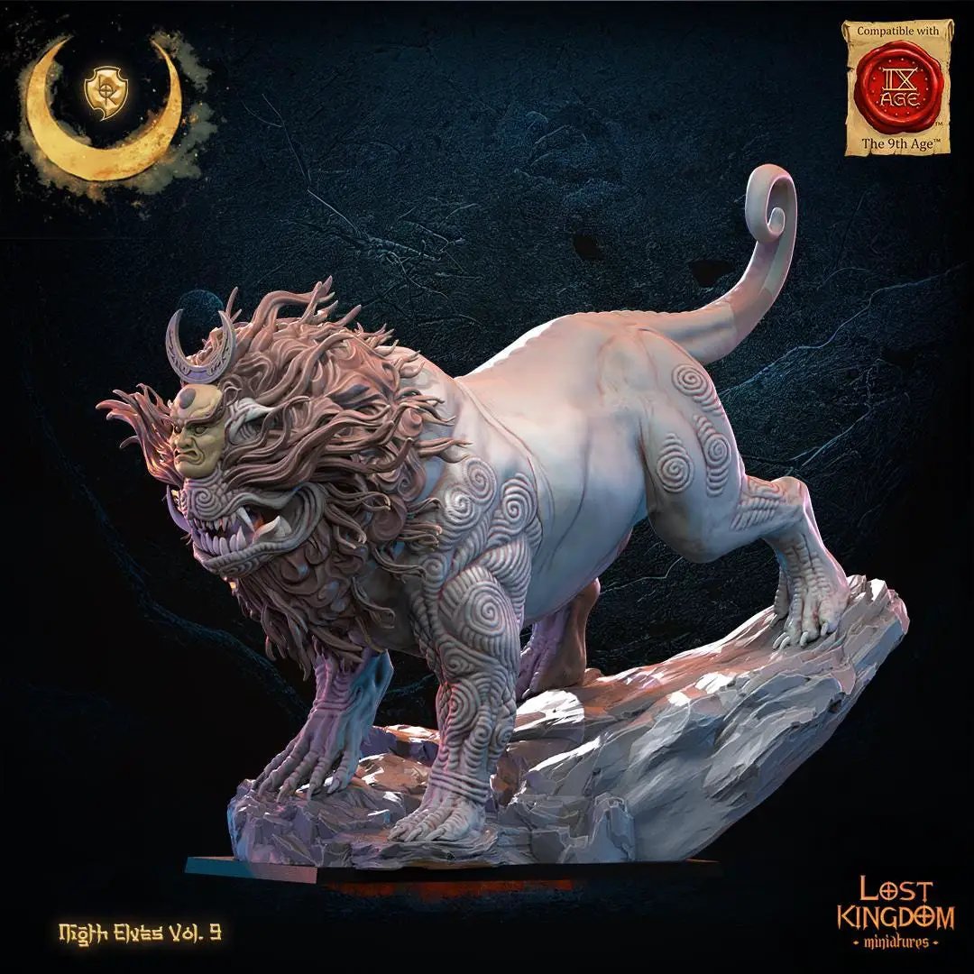 3D printed Night Elf Lion Beast miniature by Last Hope Miniatures, showcasing detailed feline and elf features in green and brown tones.