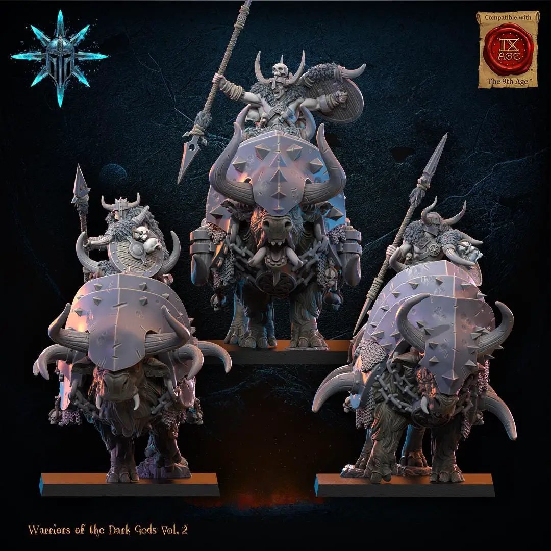 Three 3D printed Chaos Barbarian Riders miniatures by Lost Kingdom Miniatures, detailed figures with weapons and armor.