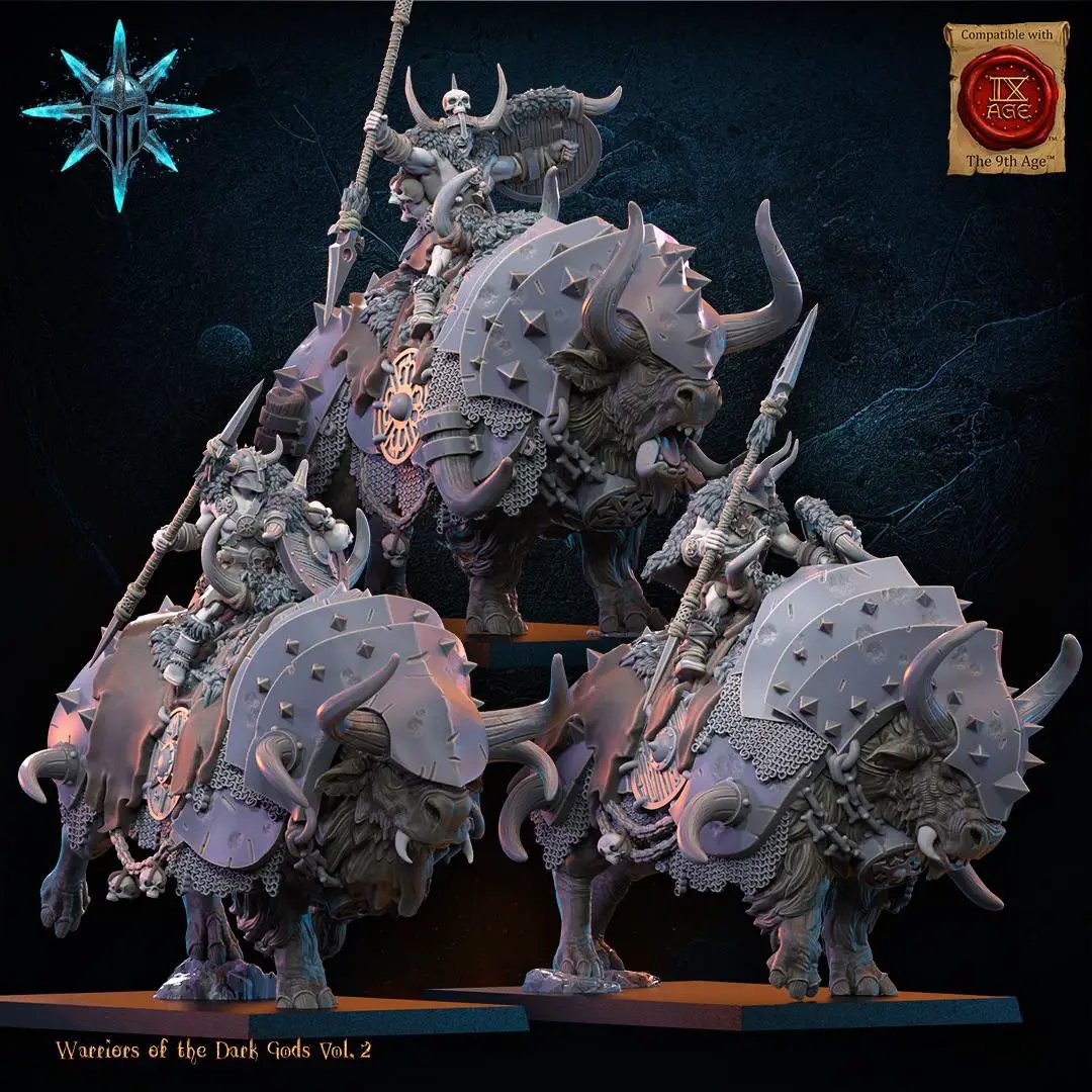 Three 3D printed Chaos Barbarian Riders miniatures by Last Hope Miniatures, showcasing detailed barbarian warriors on horseback.