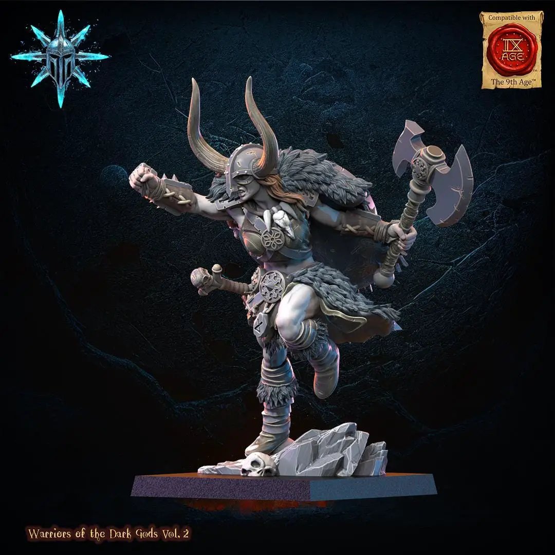 3D printed Chaos Barbarian Queen miniature by Lost Kingdom Miniatures, detailed fantasy figure with fierce armor and weaponry.