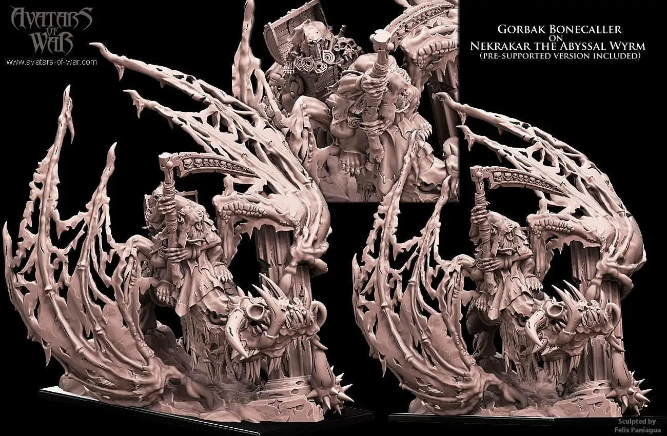 3D printed Gorvak Bonecalled on Abyssal Wyrm miniature by Last Hope Miniatures, featuring detailed sculpt and dark fantasy design.