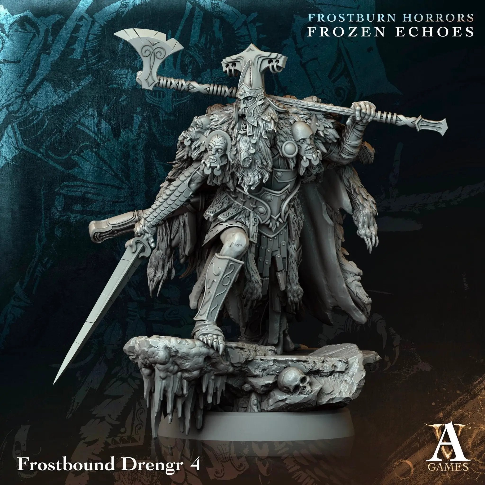 3D printed Frostbound Drengrs miniature by Last Hope Miniatures for Archvillain Games, showing detailed icy armor and weaponry.