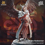 3D printed Tiefling Divine Soul Sorcerer miniature by Last Hope Miniatures, detailed figure with vibrant colors and intricate design.