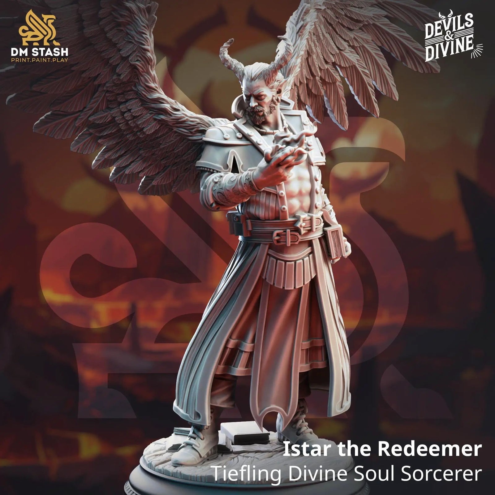 3D printed Tiefling Divine Soul Sorcerer miniature by Last Hope Miniatures, detailed figure with vibrant colors and intricate design.