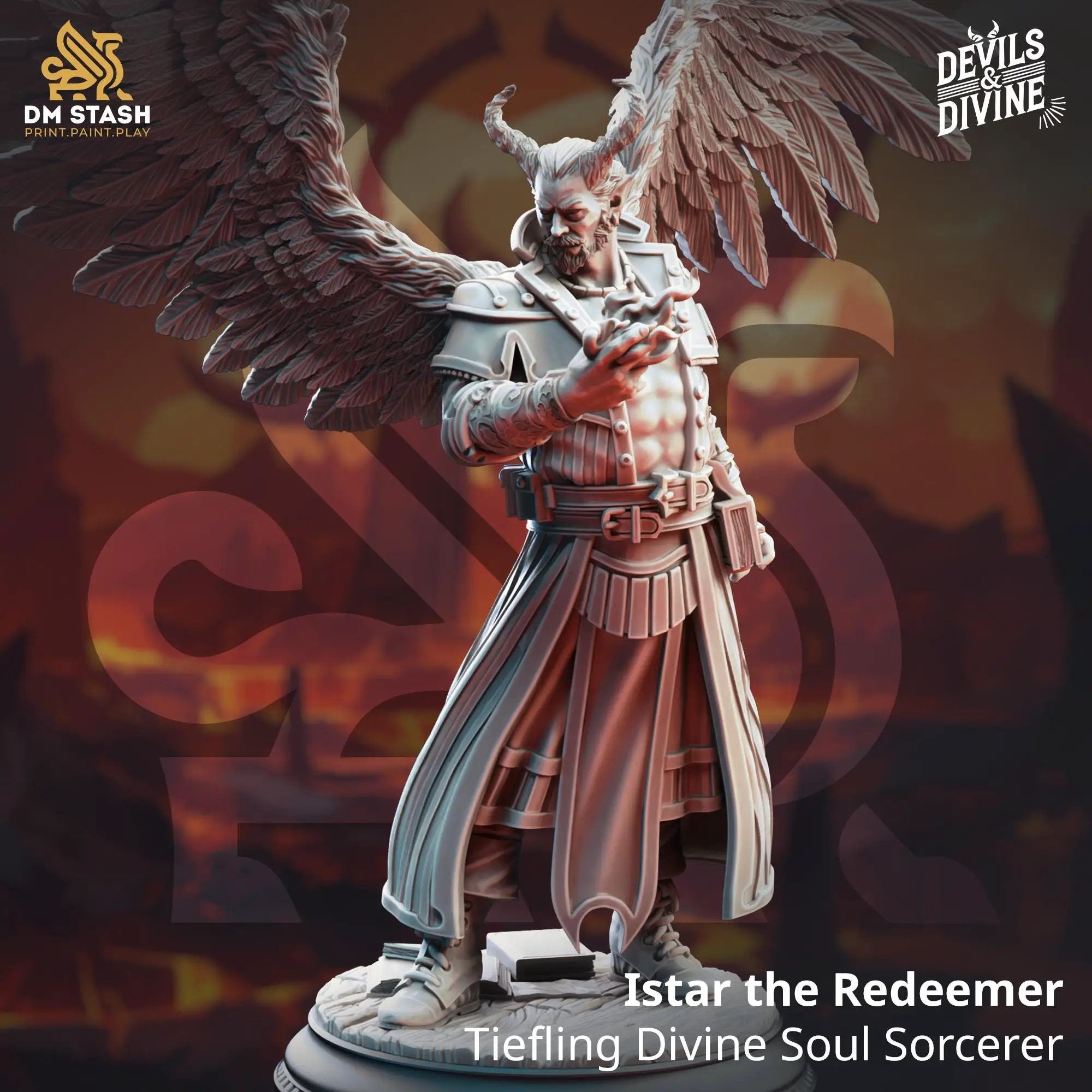 3D printed Tiefling Divine Soul Sorcerer miniature by Last Hope Miniatures, detailed figure with vibrant colors and intricate design.