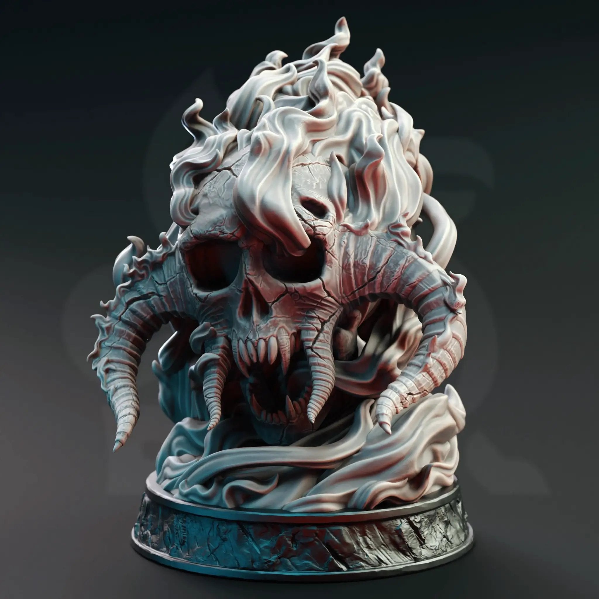 3D printed giant flaming infernal skull sculpture by Last Hope Miniatures, featuring detailed fiery design and menacing appearance.