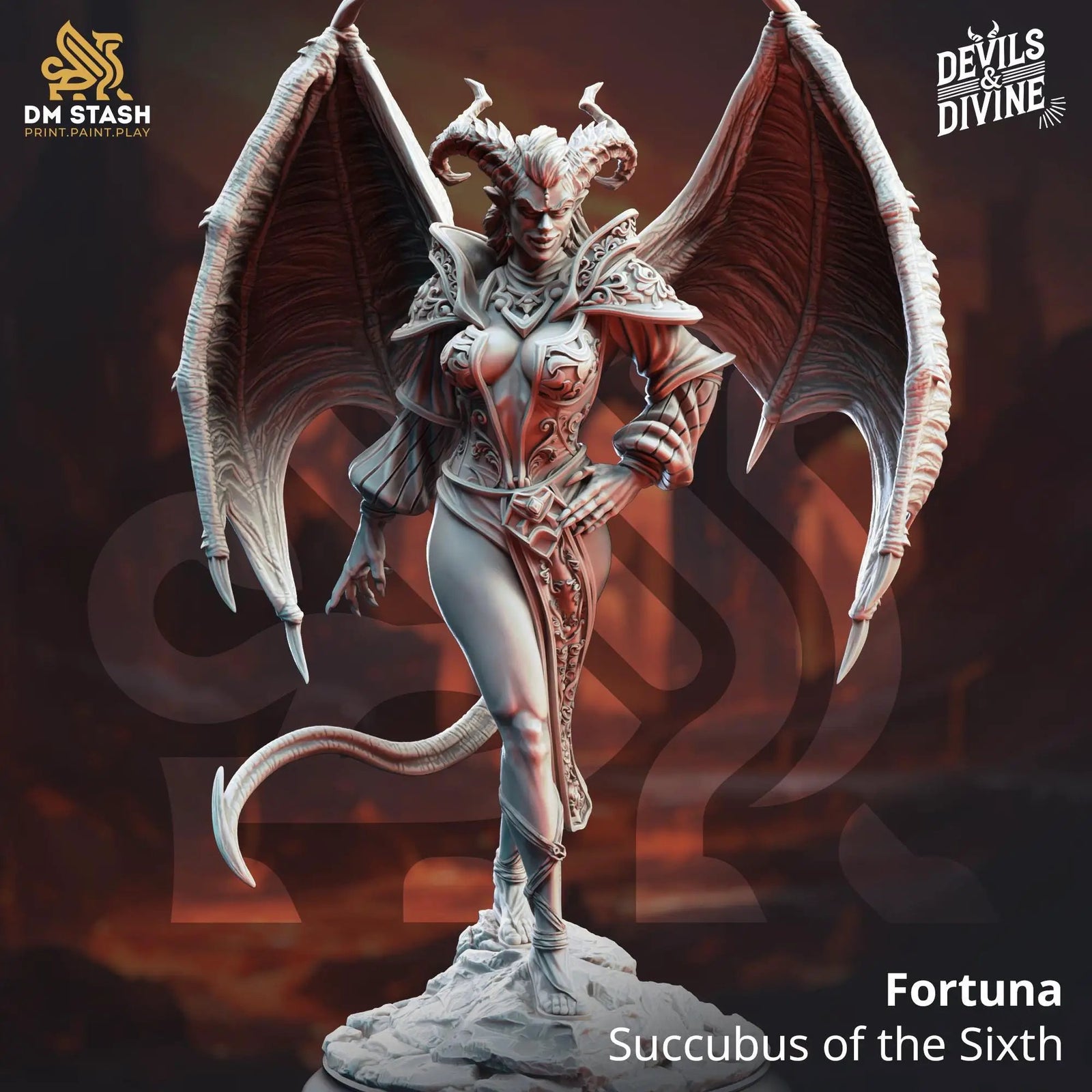 3D printed Succubus of Broken Oaths miniature by Last Hope Miniatures, featuring detailed demonic figure with wings and intricate armor.