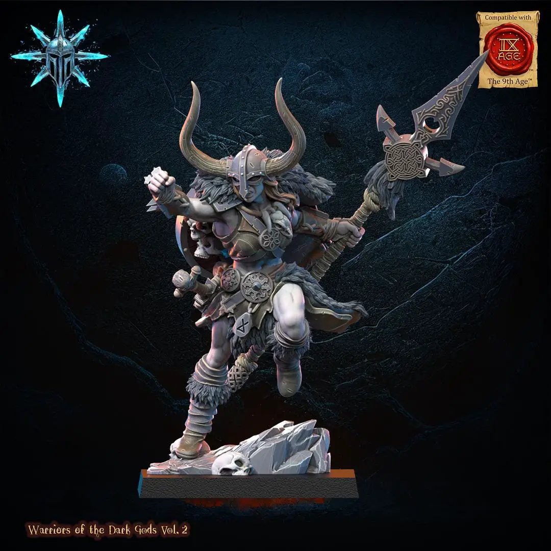 3D printed Chaos Barbarian Queen miniature by Lost Kingdom Miniatures, featuring detailed armor and fierce expression.
