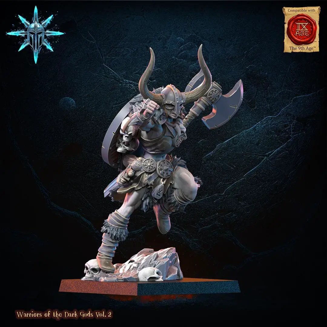 3D printed Chaos Barbarian Queen miniature by Lost Kingdom Miniatures, detailed fantasy warrior figure with armor and weaponry.