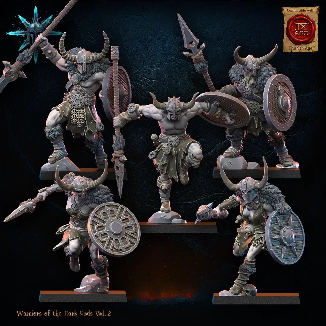 Three 3D printed Chaos Barbarian Regiment miniatures by Lost Kingdom Miniatures, showcasing detailed fantasy warrior figures.