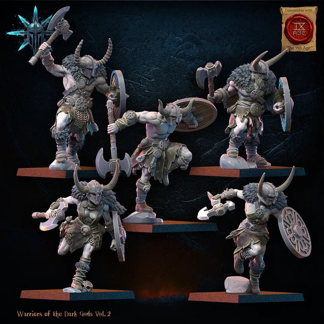 Three 3D printed Chaos Barbarian Regiment miniatures by Lost Kingdom Miniatures, detailed fantasy warrior figures in battle stance.