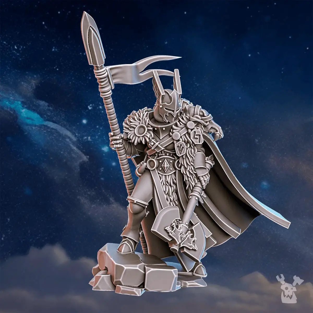 3D printed Tribe Warmaster Elza miniature by DakkaDakka Miniatures, painted detail, showing front view with intricate armor and weaponry.