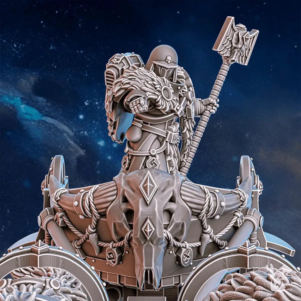 3D printed Jarl Arna on Stormchariot miniature by Last Hope Miniatures, detailed fantasy figure on a chariot with intricate design.