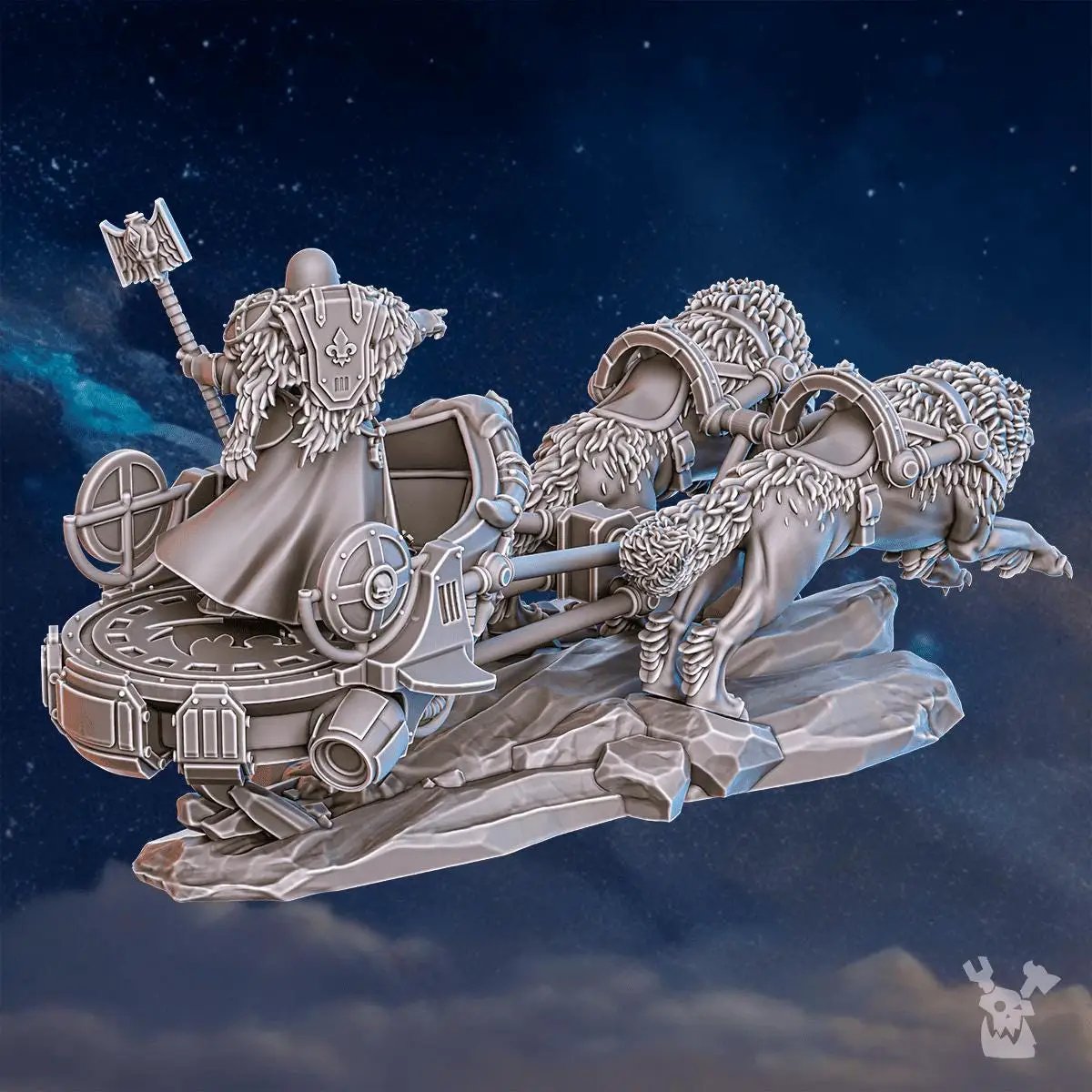3D printed Jarl Arna on Stormchariot miniature by Last Hope Miniatures, detailed model with intricate armor and stormchariot design.
