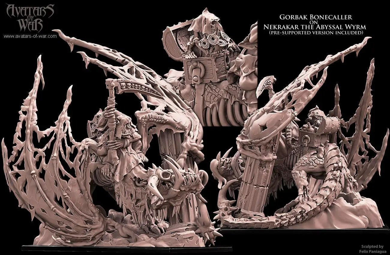 3D printed Gorvak Bonecalled on Abyssal Wyrm miniature by Last Hope Miniatures for Avatars of War, detailed fantasy creature model.