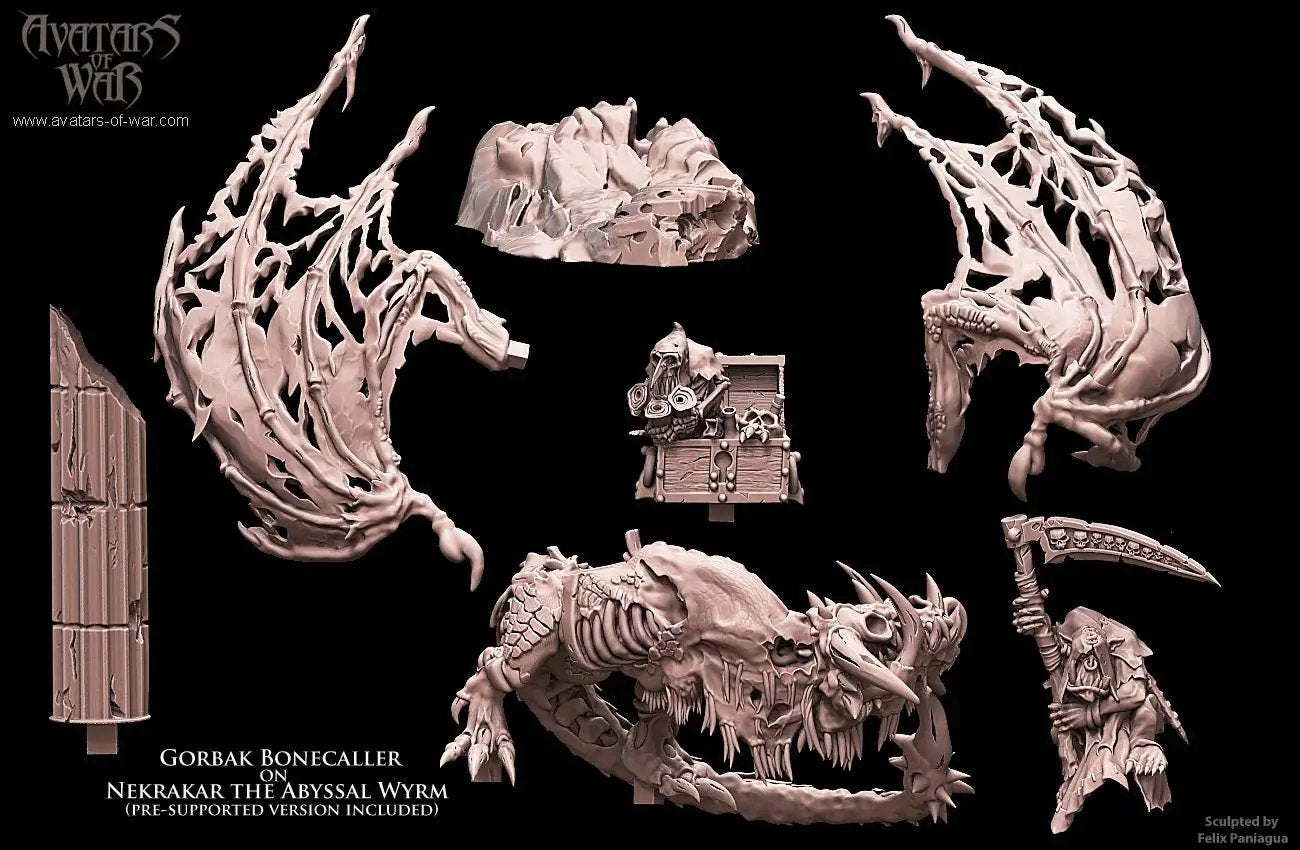 3D printed Gorvak Bonecalled on Abyssal Wyrm miniature by Last Hope Miniatures, detailed fantasy figure with dark, intricate design.