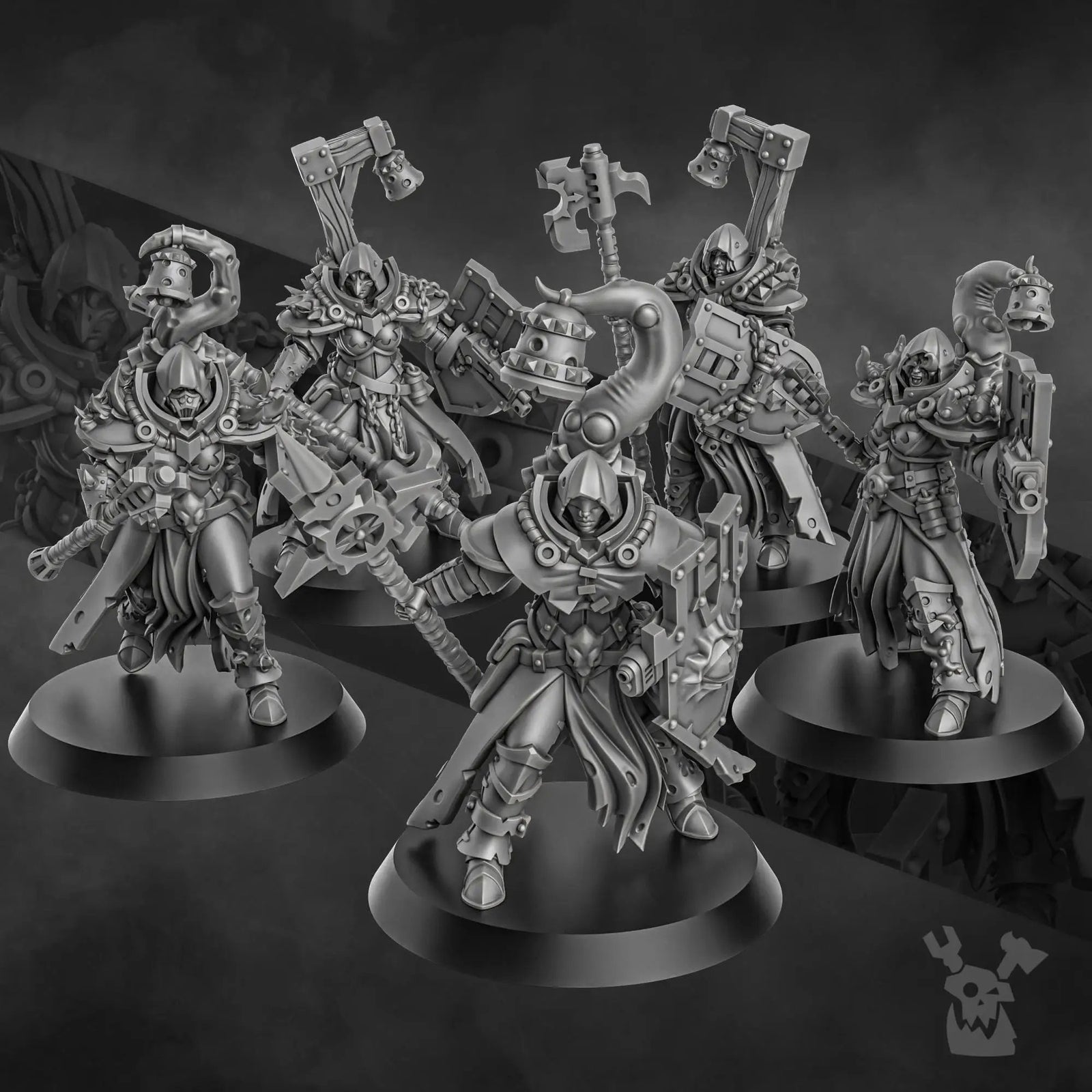 Set of five 3D printed Blightshield Witch Squad miniatures by Last Hope Miniatures for DakkaDakka, detailed fantasy tabletop figures.