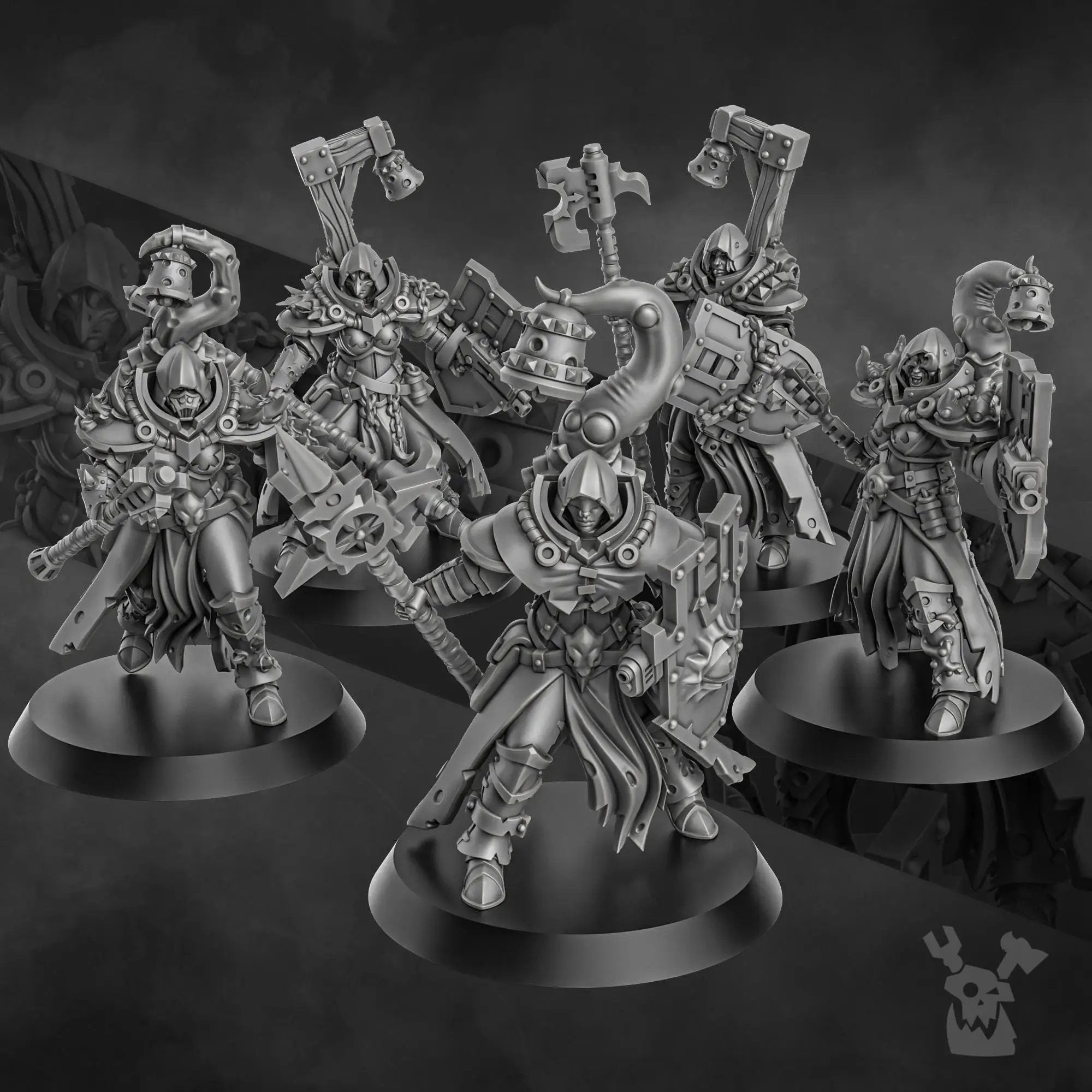 Set of five 3D printed Blightshield Witch Squad miniatures by Last Hope Miniatures for DakkaDakka, detailed fantasy tabletop figures.