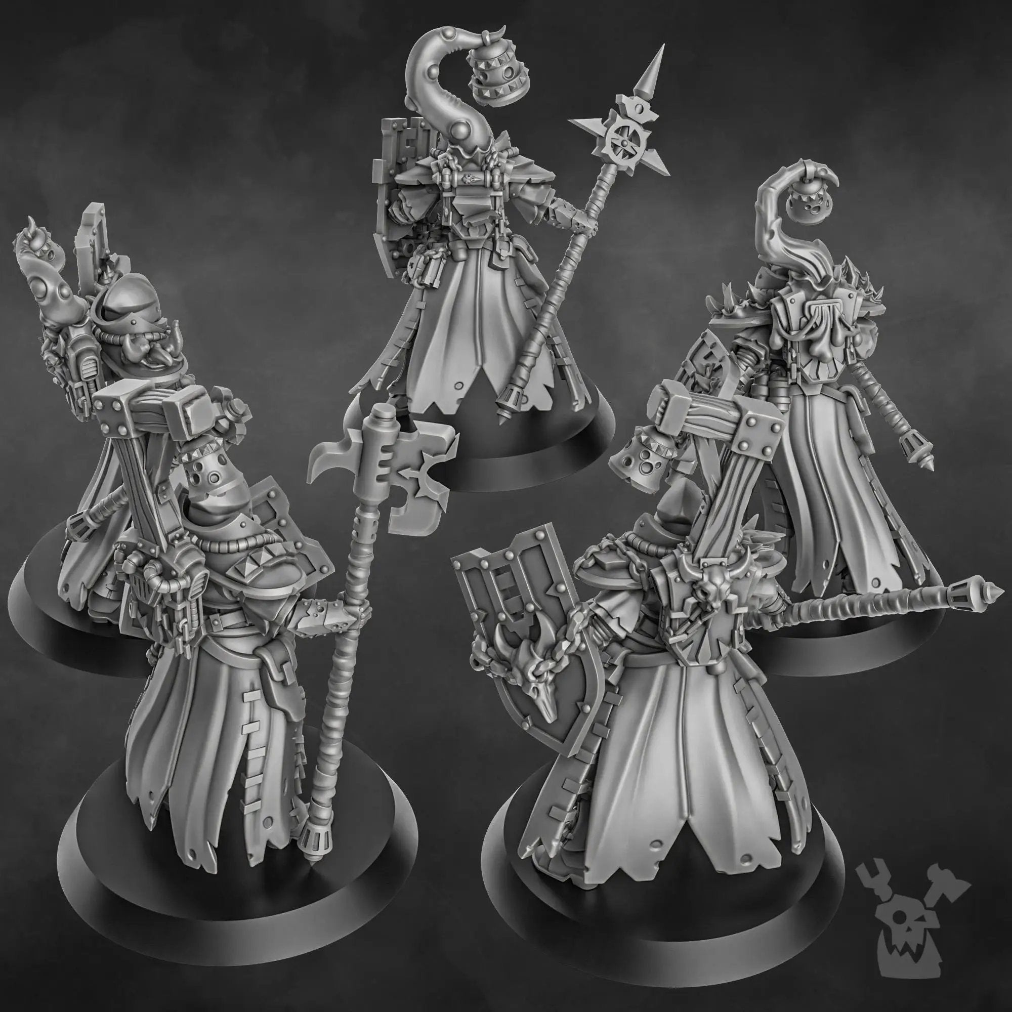 Three 3D printed Blightshield Witch Squad miniatures by DakkaDakka Miniatures, created by Last Hope Miniatures, displayed on a neutral background.