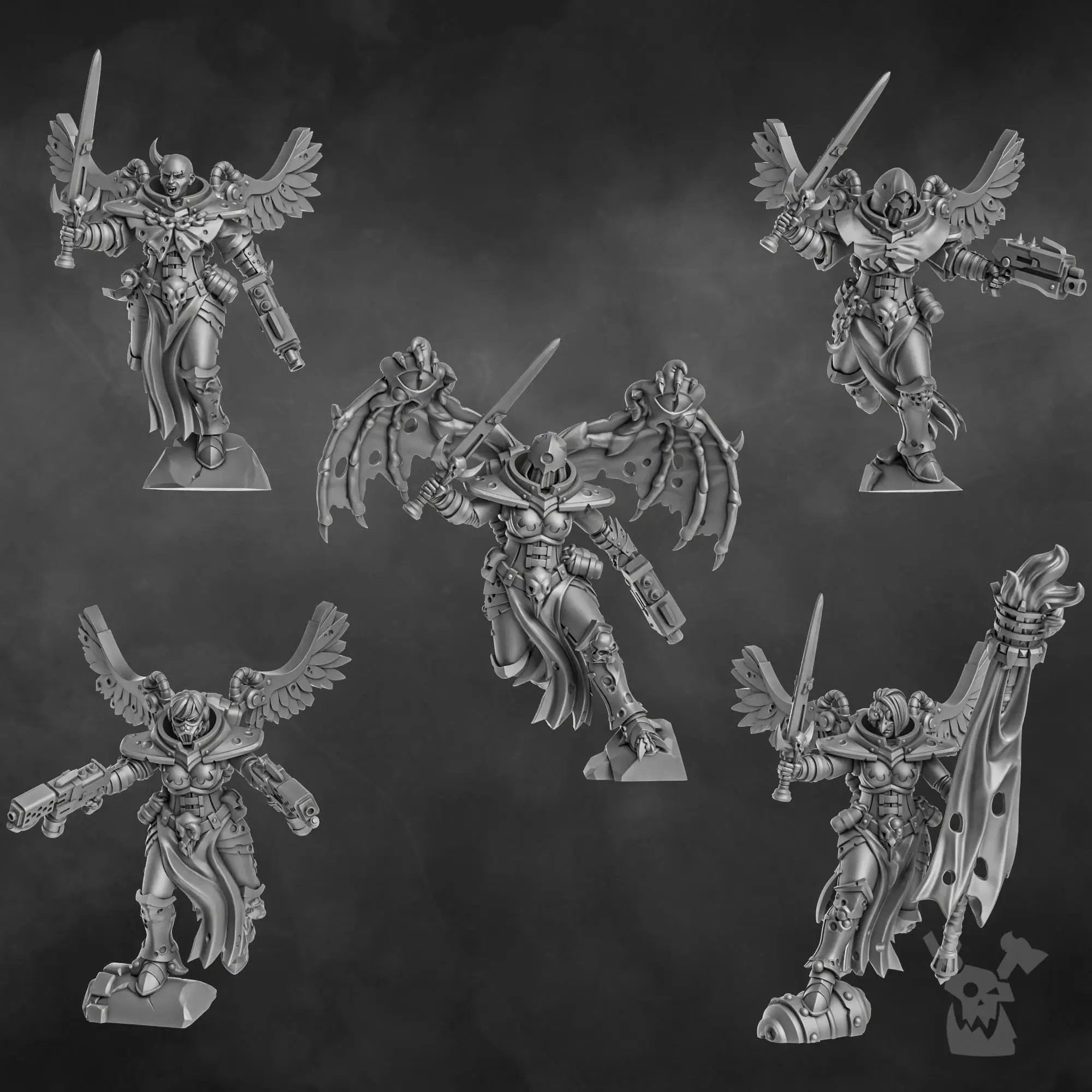 Set of five 3D printed Airborne Witch Squad miniatures by DakkaDakka Miniatures, displayed together in a detailed shot.