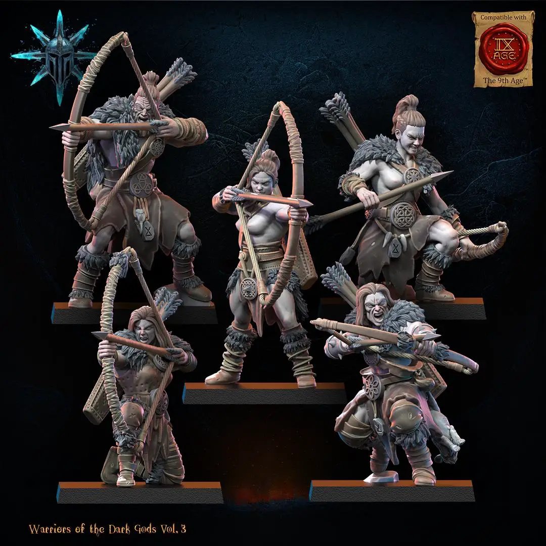 3D printed Chaos Barbarian Bow Regiment by Lost Kingdom Miniatures, featuring detailed fantasy barbarian archers in dynamic poses.