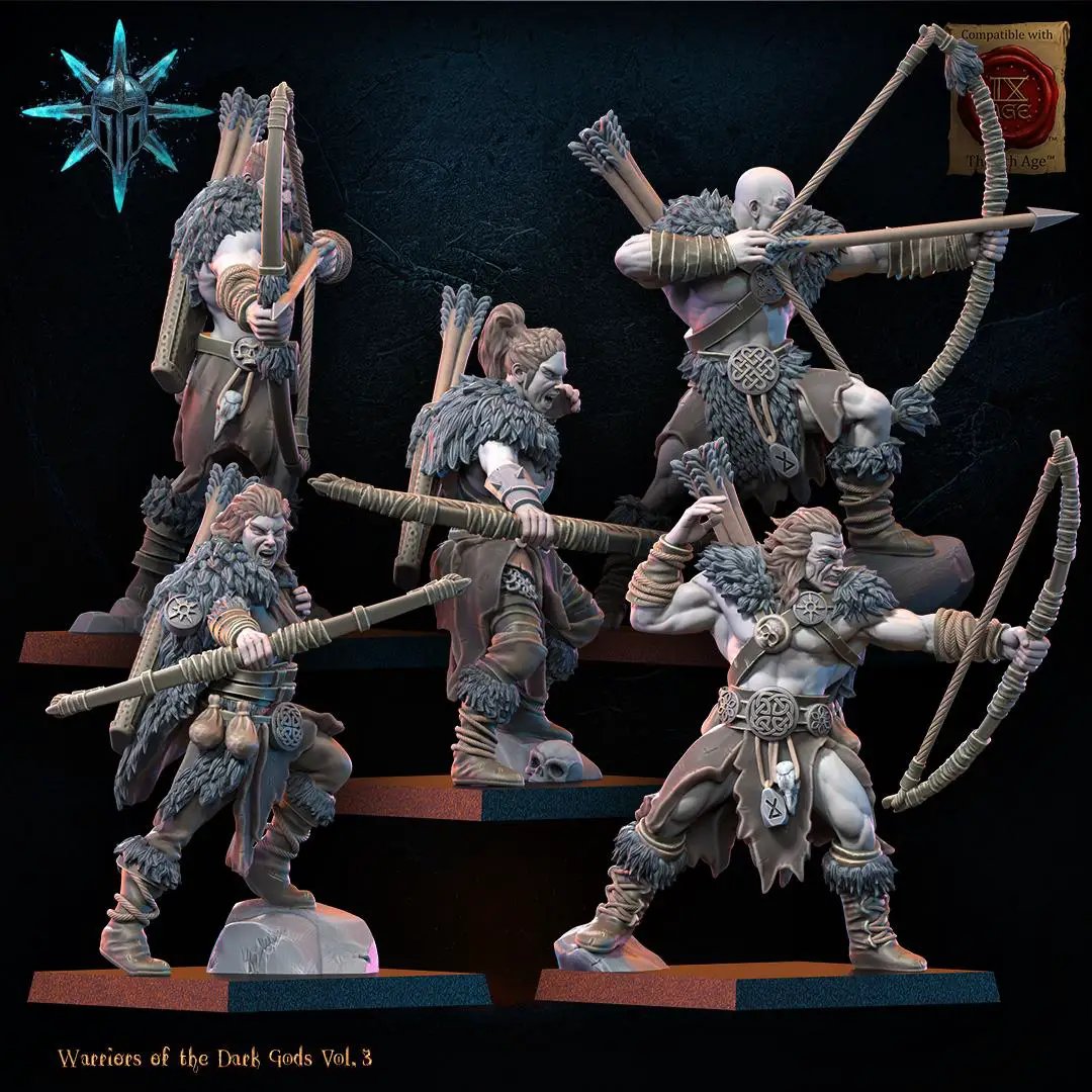 3D printed Chaos Barbarian Bow Regiment by Lost Kingdom Miniatures, depicting detailed fantasy warrior figures in combat poses