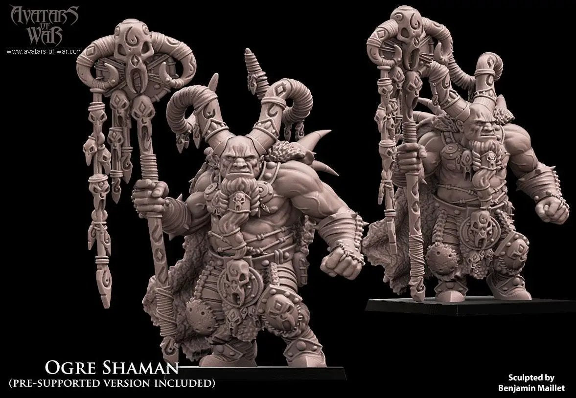 3D printed Ogre Shaman miniature by Last Hope Miniatures for Avatars of War, featuring detailed sculpting and vibrant paintwork.