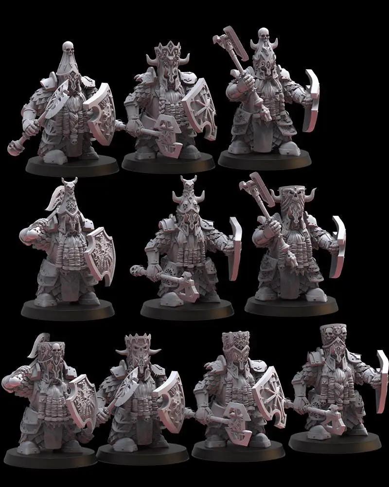 3D printed black iron dwarf miniatures by Lost Kingdom Miniatures, detailed fantasy dwarf figures on a white background
