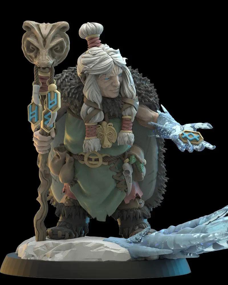 3D printed Nanna Dwarf Runemaster miniature by Last Hope Miniatures, featuring detailed runes and dwarf armor in a dynamic pose.