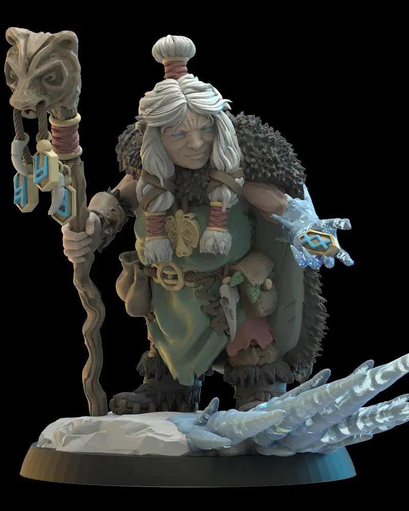 3D printed Nanna, Dwarf Runemaster figure by Lost Kingdom Miniatures, showcasing detailed dwarf in runic armor with a staff.